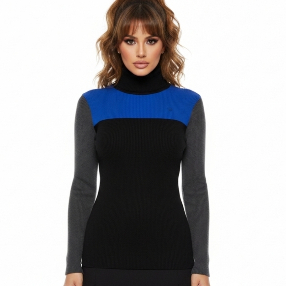 Y2K Lauren Ralph Lauren 1X Sweater Block Color Turtle Neck Logo Long Sleeve